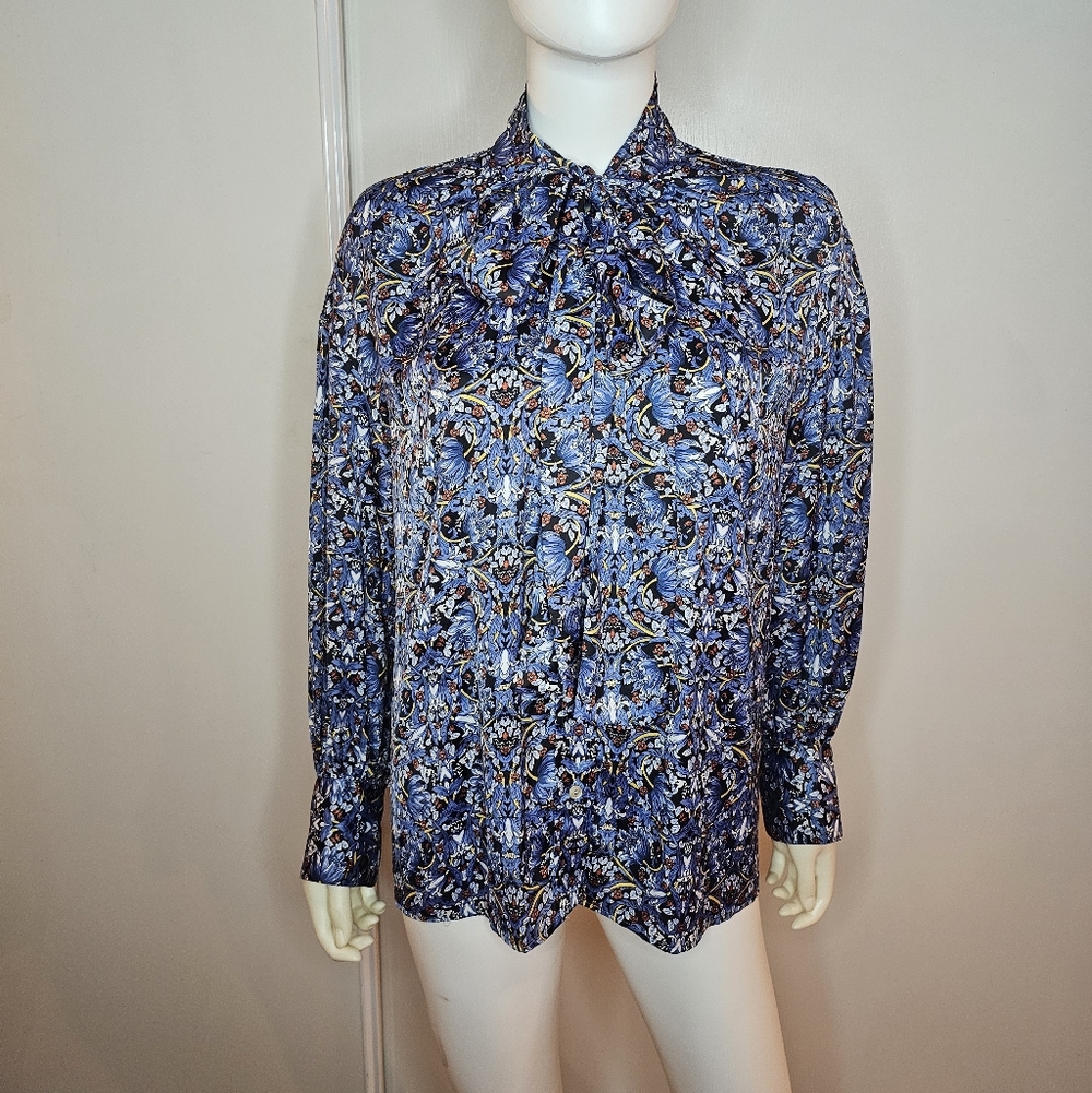 Zara Paisley Blue Tie Front Women's Button Long Sleeve Top Size M